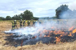 Die freiwillige Feuerwehr aus dem baden-w&uuml;rttembergischen Pl&uuml;derhausen bek&auml;mpft einen Fl&auml;chenbrand.