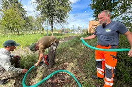 F&ouml;rster Heiko Ade (r.) und Dr. Alexander Held (M.) bew&auml;ssern junge B&auml;ume, um mehr Mischwald zu schaffen. Anders als Monokulturen aus Kiefer oder Fichte brennen Mischw&auml;lder weniger schnell.