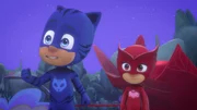 L-R: Catboy (voiced by Jacob Ewaniuk), Owlette (voiced by Addison Holley)