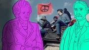 Grafik von Margaret Thatcher und Bertrand Russell vor einer Friedensdemonstration Grafik von Margaret Thatcher und Bertrand Russell vor einer Friedensdemonstration