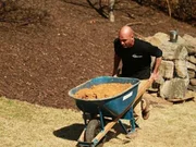 Ed Beaulieu pushing a wheelbarrow at the Berg residence. He's moving the materials to the site of the new pond, "The type of rock that we're using on this project is a beautiful sandstone; it's out of Tennessee. The nice thing about sandstone is it absorbs moisture, so that allows all these mosses, we have lichens, all that growth to happen on that type of rock." Ed Beaulieu pushing a wheelbarrow at the Berg residence. He's moving the materials to the site of the new pond, "The type of rock that we're using on this project is a beautiful sandstone; it's out of Tennessee. The nice thing about sandstone is it absorbs moisture, so that allows all these mosses, we have lichens, all that growth to happen on that type of rock."