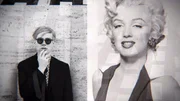 Pop-Art-Künstler Andy Warhol posiert nachdenklich neben einem Marilyn-Monroe-Porträt. Pop-Art-Künstler Andy Warhol posiert nachdenklich neben einem Marilyn-Monroe-Porträt.