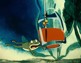 Alle drei retten sich vor dem Frosch in die Flasche.