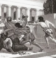 Das Gemetzel an den Pisistratiden. Hipparchus und Hippias, S&ouml;hne des Pisistratos, wurden 514 v. Chr. w&auml;hrend der Panathen&auml;en in Athen von Harmodius und Aristogeiton angegriffen und get&ouml;tet. Aus Cassells Universalgeschichte, erschienen 1888.