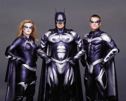 Alicia Silverstone als 'Batgirl', George Clooney als 'Batman' und Chris O'Donnell als 'Robin'