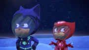 L-R: Catboy (voiced by Jacob Ewaniuk), Owlette (voiced by Addison Holley)