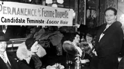 Louise Weiss, französische Feministin und Journalistin, während ihrer symbolischen Kampagne für das Frauenwahlrecht in Paris im Jahr 1935. Louise Weiss, französische Feministin und Journalistin, während ihrer symbolischen Kampagne für das Frauenwahlrecht in Paris im Jahr 1935.
