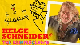 Keyvisual zur Doku "Helge Schneider - The Klimperclown" Helge Schneider - Portraitfoto im wei&szlig;en Rahmen vor gelbem Hintergrund mit Comic-Elementen: eine Hand, die eine Kamera h&auml;lt und ein Klavier mit Augen und Nase.