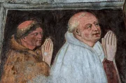 Mönchsgebet: Ein weißgewandeter Prälat und ein tonsurierter Mönch oder Priester in braunem Habit beten. Spätgotisches Fresko im mittelalterlichen Kreuzgang neben der Kathedrale Santa Maria Assunta in Brixen, Südtirol, Trentino-Südtirol, Italien. Mönchsgebet: Ein weißgewandeter Prälat und ein tonsurierter Mönch oder Priester in braunem Habit beten. Spätgotisches Fresko im mittelalterlichen Kreuzgang neben der Kathedrale Santa Maria Assunta in Brixen, Südtirol, Trentino-Südtirol, Italien.