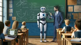 Ein Lehrer steht im Mathematikunterricht mit einem Lernroboter vor der Tafel im Klassenzimmer.
