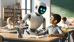 Ein Sch&uuml;ler mit einem Lernroboter.