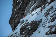 Alexander und Thomas Huber mit Stephan Siegriest in der Eiger Nordwand, w&auml;hrend ServusTV&acute;s Eiger Film in der Eiger Nordwand in Grindelwald, Bern, Schweiz