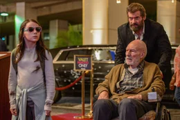 Dafne Keen (Laura Kinney / X-23), Patrick Stewart (Charles Xavier / Professor X), Hugh Jackman (Logan / Wolverine).