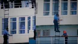 Blutspuren an der Seite des Kreuzfahrtschiffes Achille Lauro, Beweis f&uuml;r die Ermordung von Leon Klinghoffer.