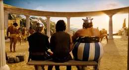 Mischen bei den Olympischen Spielen auf: Asterix (Clovis Conrillac, l.), Romantix (St&eacute;phane Rousseau, M.) und Obelix (G&eacute;rard Depardieu, r.) ...