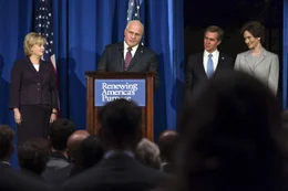 L-R: Lynne Cheney (Amy Adams), Dick Cheney (Christian Bale), George W. Bush (Sam Rockwell), Laura Busch (Andrea Wright)