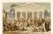 Hypatia lehrt in Alexandria, Gemälde von Robert Trewick Bone, vor 1840 Hypatia lehrt in Alexandria, Gemälde von Robert Trewick Bone, vor 1840