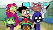 L-R: Starfire, Beast Boy, Robin, Cyborg, and Raven.