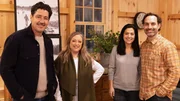 A reveal photo of the homeowners with Jonathan Knight and Kristina Crestin, as seen on Farmhouse Fixer, Season 3.