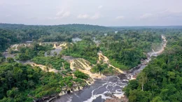 Luftaufnahme der Kongou-Wasserf&auml;lle im Ivindo-Nationalpark in Gabun &ndash; eines der eindrucksvollsten Naturwunder Zentralafrikas und Lebensraum der bedrohten Waldelefanten.