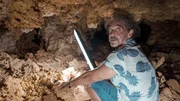 Heino is sweating in the cave and looks visibly exhausted. Heino is sweating in the cave and looks visibly exhausted.