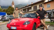 MS hero front shot of Fiat Barchetta pre works with Mike Brewer and Marc 'Elvis' Priestley either side of car in Villar Dora, Italy MS hero front shot of Fiat Barchetta pre works with Mike Brewer and Marc 'Elvis' Priestley either side of car in Villar Dora, Italy