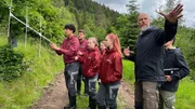 Samuel, Emilio, Anuk, Lina, Leonie, Dr. Markus Port (v. l. n. r.): Luchspeilung mit Antenne im Thüringer Wald. Samuel, Emilio, Anuk, Lina, Leonie, Dr. Markus Port (v. l. n. r.): Luchspeilung mit Antenne im Thüringer Wald.