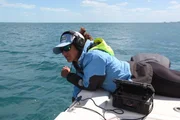 Dr Kristine Stump listening for Shark. Dr Kristine Stump listening for Shark.