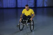 ESSEX, ENGLAND - Richard Chiassaro performs a wheelchair wheelie, finding the balancing point in an unstable equilibrium. (photo credit: National Geographic Channels/Myles Warwood) ESSEX, ENGLAND - Richard Chiassaro performs a wheelchair wheelie, finding the balancing point in an unstable equilibrium. (photo credit: National Geographic Channels/Myles Warwood)