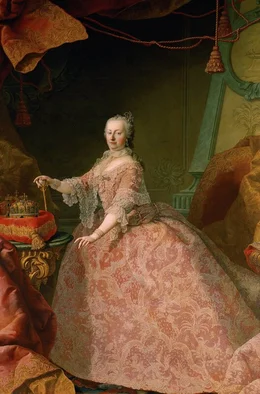 Maria Theresia baute Sch&ouml;nbrunn um und aus, um hier kaiserlich Hof zu halten. Das Bildnis "Maria Theresia im rosafarbenen Spitzenkleid" von Martin van Meytens dem J&uuml;ngeren zeigt sie mit den Insignien ihrer Macht (um 1750/1755).