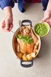 Knuspriges Brathuhn mit mediterraner Sauce.