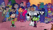 Vorne, v.li.: Robin, Starfire, Cyborg, Beast Boy, Raven