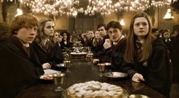 Ron (Rupert Grint), Hermine (Emma Watson), Harry (Daniel Radcliffe) und Ginny (Bonnie Wright) in Hogwarts.