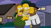 Als ihr Auto auf dem Weg zu Lisa kaputtgeht, treffen Homer (M.), Bart, Maggie und Marge auf Neds (l.) Cousin (r.). Doch schafft es Homer, die Zerstrittenen wieder zu vereinen?