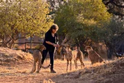 Dr. Laurie Marker vom CCF (Cheetah Conservation Fund) mit ihren &bdquo;Pflegekindern&ldquo;.