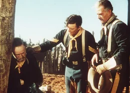 L-R: Pvt. John Smith / Rome Clay (Rudy Bowman), Sgt. Tyree (Ben Johnson), Capt. Nathan Cutting Brittles (John Wayne)