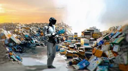Ein Roboter inmitten von M&uuml;ll-Medien (KI-generiertes Bild).