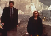 Scully (Gillian Anderson, r.) und Mulder (David Duchovny, l.) suchen an der Absturzstelle eines Passagierflugzeugs nach einem alten Bekannten, der unter den Opfern sein soll.