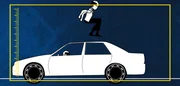 A science character jumps over a car converting his horizontal velocity to vertical velocity. A science character jumps over a car converting his horizontal velocity to vertical velocity.