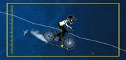 A science character bikes down a mountain showing his center of gravity in relation to his base. A science character bikes down a mountain showing his center of gravity in relation to his base.