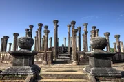 Jede der vier Buddha-Statuen des Tempels von Medirigiriya blickt jeweils in eine Himmelsrichtung. Der Stupa ist umringt von drei konzentrischen Kreisen aus S&auml;ulen.