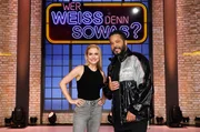 Als Kandidat:innen zu Gast bei "Wer wei&szlig; denn sowas?": Die S&auml;ngerin Jeannette Biedermann (l.) und der S&auml;nger Adel Tawil (r.).