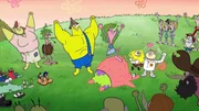 v.li.: Ma Narwhal, Pa Narwhal, Nobby, Narlene, Patrick, SpongeBob, Sandy