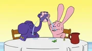 Hase und Elefant freuen sich &uuml;ber das Wasser, das sie trinken k&ouml;nnen!
