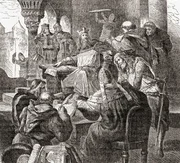 Karl der Gro&szlig;e und seine Berater in seiner kaiserlichen Residenz in Aachen. Karl der Gro&szlig;e (742&ndash;814), K&ouml;nig der Franken, K&ouml;nig der Langobarden und Kaiser der R&ouml;mer. Aus: Ward and Lock&rsquo;s Illustrated History of the World, erschienen um 1882.