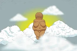 Eine Grafik zeigt die rund 26.500 Jahre alte altsteinzeitliche Venusfigurine "Venus von Willendorf" hoch in den Wolken.