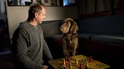 &bdquo;Bordstein-Dekorateur&ldquo; Holly (Fritz) zieht im &bdquo;Mensch &Auml;rgere Dich Nicht&ldquo; an Herrchen Hauke Jacobs (Hinnerk Sch&ouml;nemann) vorbei.
