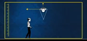 A science character is spun in a hammock. Centrifugal force and the direction his inertia want to take him are shown.