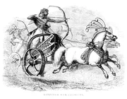&Auml;gyptische Bogensch&uuml;tzen, schussbereit, in Streitwagen auf Pferden im Kampf. Illustration ver&ouml;ffentlicht 1846..
