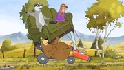 Dachs hat das Tretauto doch noch fahrbereit gemacht, sodass alle Freunde darauf Platz haben für die gemeinsame Fahrt. Dachs hat das Tretauto doch noch fahrbereit gemacht, sodass alle Freunde darauf Platz haben für die gemeinsame Fahrt.